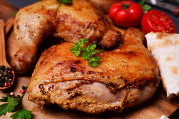 Roasted chicken legs with spices and vegetables