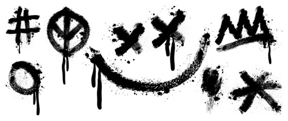 Set of black graffiti spray pattern. Collection of symbols, smiley, circle, dot and stroke with spray texture. Elements on white background for banner, decoration, street art and ads. - obrazy, fototapety, plakaty