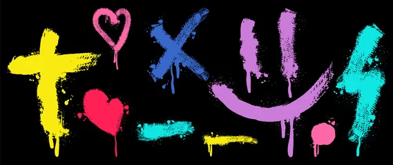 Set von Graffiti-Sprühmustern. Sammlung von bunten Symbolen, lila Lächeln, rosa Herzen, Punkt und Strich mit Sprühstruktur. Elemente auf schwarzem Hintergrund für Banner, Dekoration, Straßenkunst und Anzeigen. © TWINS DESIGN STUDIO