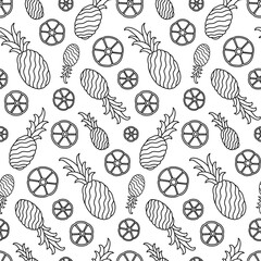 Black and White Hand Drawn Pineapple Fruit Vector Seamless Pattern