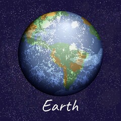 Blue green planet Earth with clouds on dark blue space background. Vector realistic illustration of cosmic object from solar system, with caption