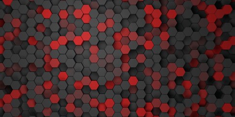 Abstract dark geometric background with hexagons in black and red colors. 3d render