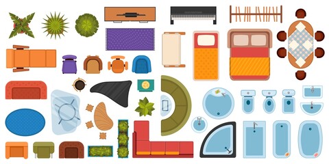 Flat furniture icons for interior floor plan design. Dining and living room, kitchen, bedroom and bathroom. Apartment top view vector set © Tartila