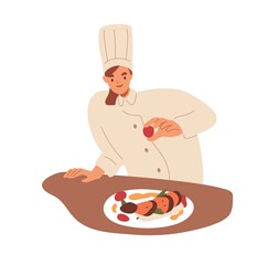 Chef cook preparing food, decorating dish in haute cuisine restaurant. Woman adding final touch, cooking. Culinary art, fine dining concept. Flat vector illustration isolated on white background