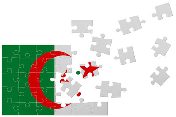 Broken puzzle- game background in colors of national flag. Algeria