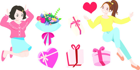 Valentine's day, February 14. Two cute characters with sweet pink gift boxes, a beautiful mixed flower bouquet and a heart vector.