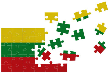 Broken puzzle- game background in colors of national flag. Lithuania