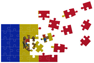 Broken puzzle- game background in colors of national flag. Moldova