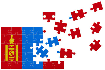 Broken puzzle- game background in colors of national flag. Mongolia