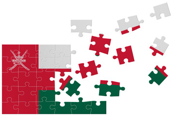 Broken puzzle- game background in colors of national flag. Oman