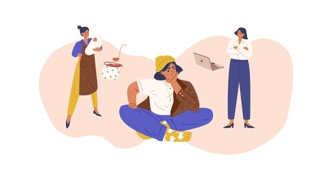 Woman choosing between career and family. Work life balance concept. Choice, comparison of business, job and mother housewife with child, baby. Flat vector illustration isolated on white background