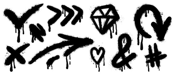 Set of black graffiti spray. Collection of arrow, dot, diamond, heart and symbols with spray texture and stencil pattern. Elements on white background for banner, decoration, street art and ads. - obrazy, fototapety, plakaty