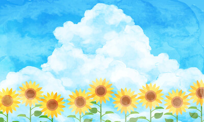 ひまわり畑と青空と入道雲の夏の水彩のベクターイラスト背景 August Canvas Print Augu Honyojima