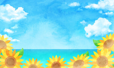 ひまわり畑と青空の夏の水彩のベクターイラスト背景(art,holiday,travel,summer,illustration,vector,tropical,vacance)