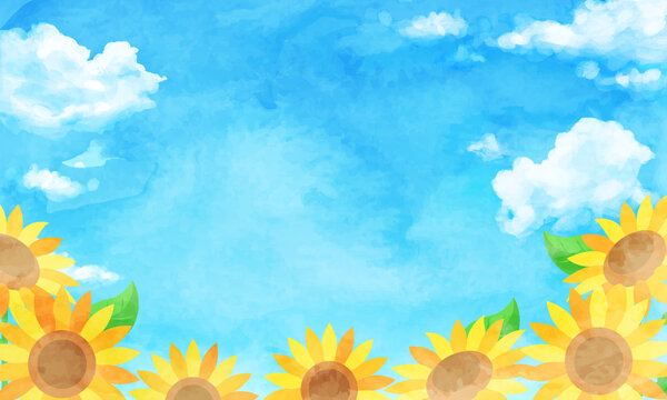 ひまわり畑と青空と入道雲の夏の水彩のベクターイラスト背景