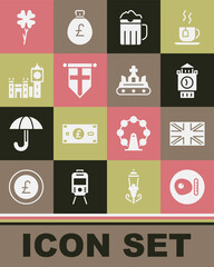 Set British breakfast, Flag of Great Britain, Big Ben tower, Wooden beer mug, England flag on pennant, Four leaf clover and crown icon. Vector