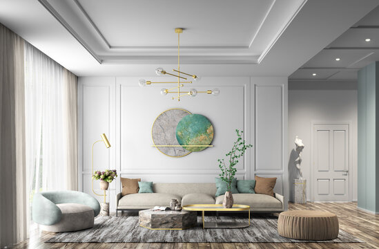 Interior design of modern apartment, living room 3d rendering
