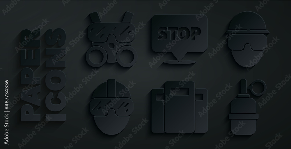 Sticker Set Police assault shield, Special forces soldier, Hand grenade, Protest and Gas mask icon. Vector