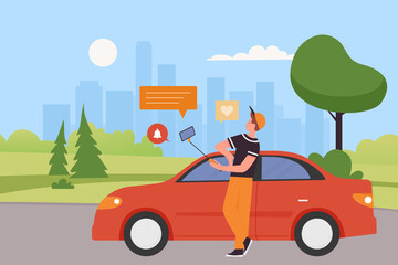 Auto blogger making social media content on street. Cars blog with information and test driving result flat vector illustration