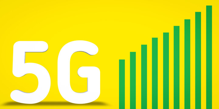 White 5G text with green arrow isolated on yellow. Shadow effect. 3d illustration