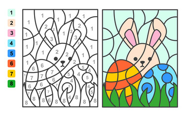 Vector coloring page Color by numbers Easter egg hunt. Puzzle game for children education and activities