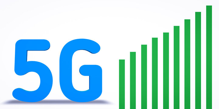 Blue 5G text with green arrow isolated on white. Shadow effect. 3d illustration