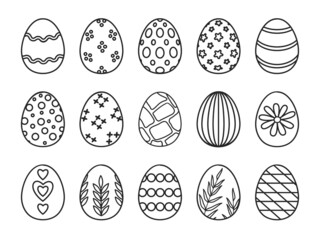 Happy easter day decorated eggs with pattern line icons. Outline egg with flower, hearts and dots. Spring holiday decorative eggs vector set