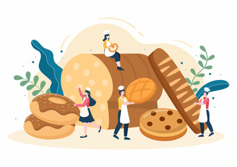 Bakery Shop That Sells Various Types of Bread such as White Bread, Pastry and Others All Baked in Flat Background for Poster Illustration