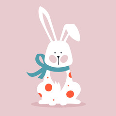 Naklejka premium Easter white rabbit with a ribbon on a pink background. Easter holiday. Vector image. 
