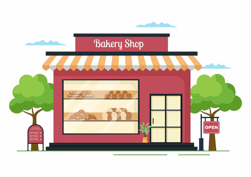 Bakery Shop Building That Sells Various Types of Bread such as White Bread, Pastry and Others All Baked in Flat Background for Poster Illustration