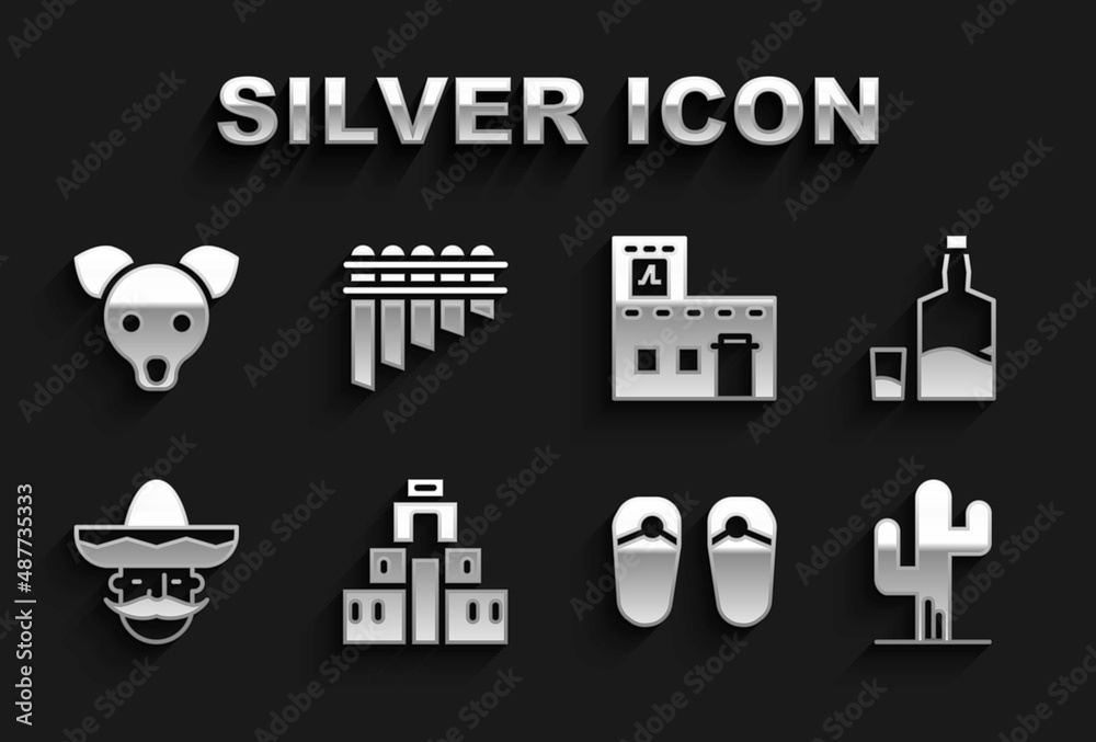 Poster Set Chichen Itza in Mayan, Tequila bottle and glass, Cactus, Flip flops, Mexican man sombrero, house, Dog and Pan flute icon. Vector