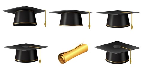 Realistic university graduation academic black cap for students. School degree diploma scroll. Mortarboard hat with golden tassel vector set - obrazy, fototapety, plakaty