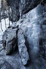 Breitachklamm Alps - snow and dramatic ice covered paths within a gorge and mountains 