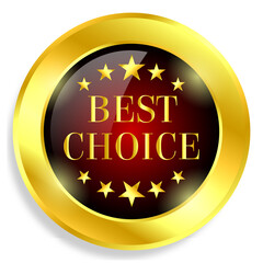 Realistic golden label - badge, best choice red color. Realistic icons isolated on transparent background. Vector illustration