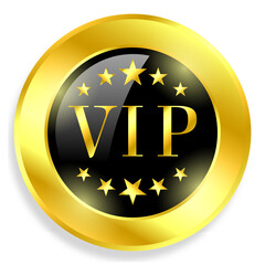 Round badge for VIP club members. Vip label, badge or tag. Vector black banner with gold vip text. Vector illustration, golden color