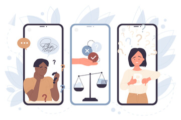 Young people with question marks and tangle thread on screens of mobile phones vector illustration. Cartoon persons with troubles in communication or work. Psychology, online psychotherapy concept