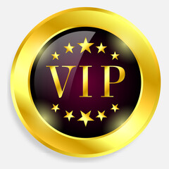 Round badge for VIP club members. Vip label, badge or tag. Vector black banner with gold vip text. Vector illustration, golden color