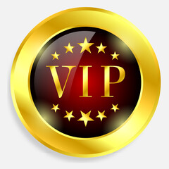 Round badge for VIP club members. Vip label, badge or tag. Vector black banner with gold vip text. Vector illustration, golden color