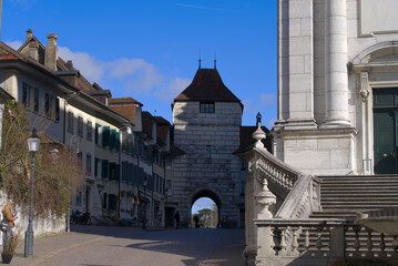 Gate tower named Basler Gate at the old town of Solothurn on a sunny winter day. Photo taken...