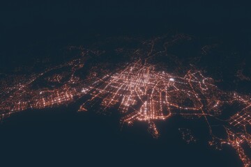 Hiroshima aerial view at night. Top view on modern city with street lights