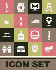Set Cannon, Pirate sword, Location pirate, Decree, parchment, scroll, eye patch, and bandana for head icon. Vector
