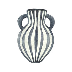 Striped black and white hand drawn empty ceramic vessel. Watercolor amphora isolated on white background. Antique home decor vase.