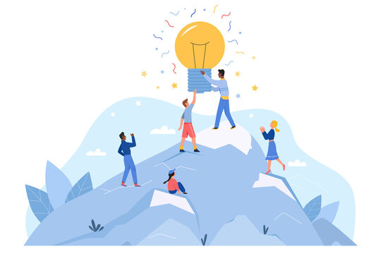 Cooperation And Teamwork Of People Climbing Top Of High Mountain For Bright Light Bulb. Collective Work Of Winners, Great Idea Of Man Woman Group Flat Vector Illustration. Leadership, Success Concept