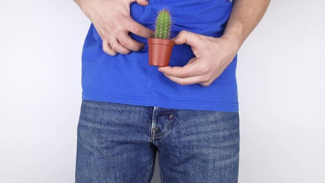Concept. A man holds a cactus near his fly. Problems of the genitourinary system. Prostatitis. Painful bowel movements. Men problems. Oncology. Prostate problems