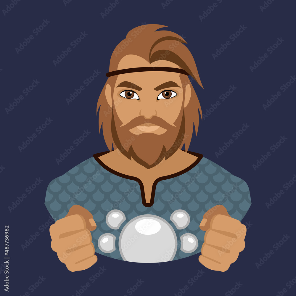 Wall mural Bogatyr. Avatar of a bearded man in chain mail holds his hands in fists. Historical military costumes. Flat illustration.