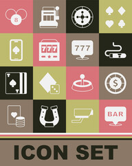Set Alcohol bar location, Casino chips, Cigar, roulette wheel, Slot machine with jackpot, Online poker table game, Lottery ball bingo card and icon. Vector