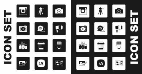 Set Photo camera, Softbox light, Tripod, flash and with icon. Vector