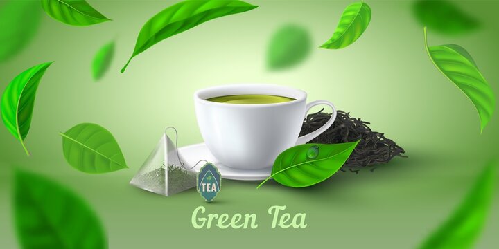 Advertising poster with realistic green tea cup, bag and leaves. Morning hot herbal beverage for breakfast. Natural tea vector background