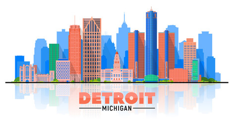 Fototapeta premium Detroit, Michigan (USA) city skyline vector illustration on white background.Business travel and tourism concept with modern buildings. Image for presentation, banner, website. 