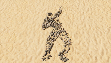 Concept conceptual stones on beach sand handmade symbol shape, golden sandy background, weight throwing athlete sign. 3d illustration metaphor for training, competition, sport, power and strength